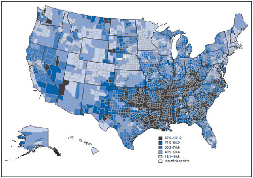 Rates of avoidable deaths due to heart disease, stroke, and high blood pressure by U.S. county, 2008 to 2010. (Source: Centers for Disease Control and Prevention)