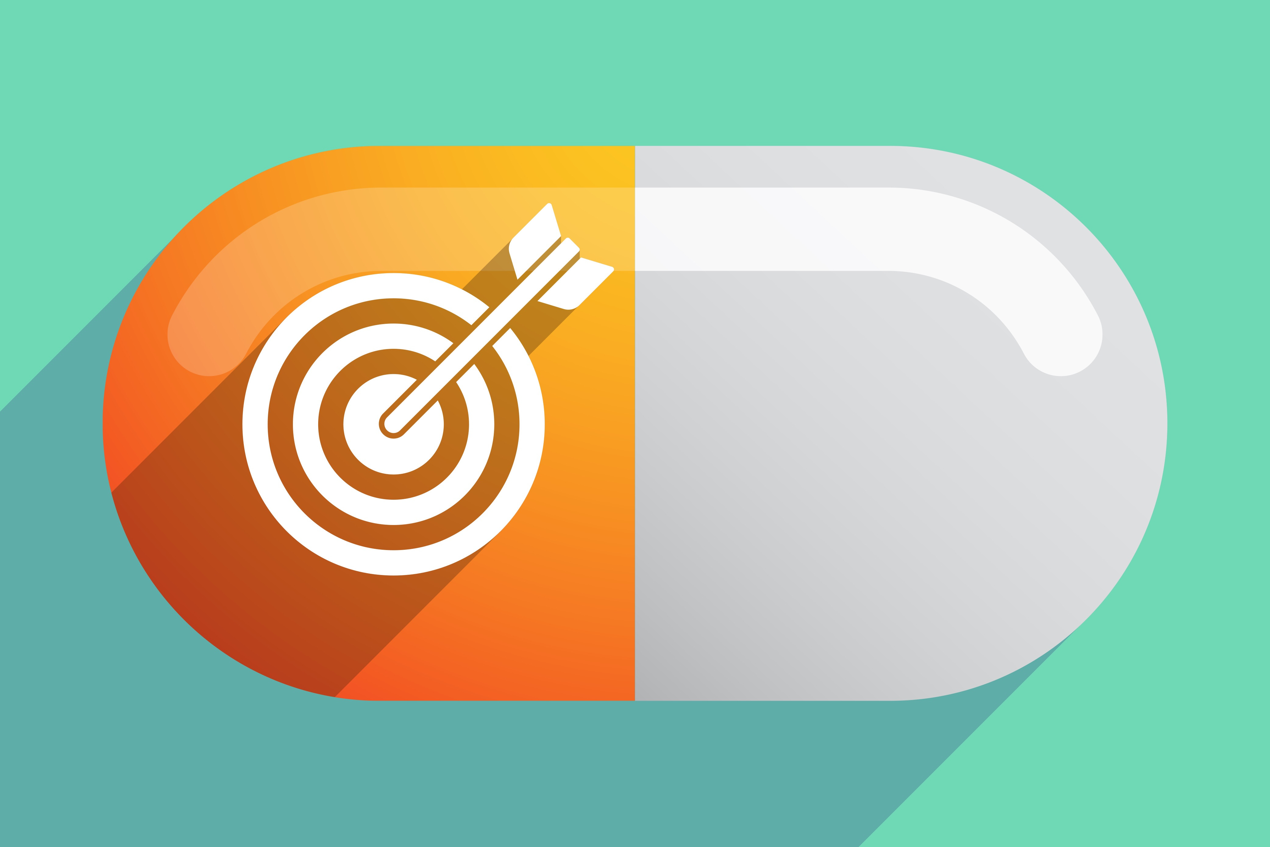 illustration of a medication capsule on a green background right half is white left half is orange with a white bullseye on it showing an arrow striking the center