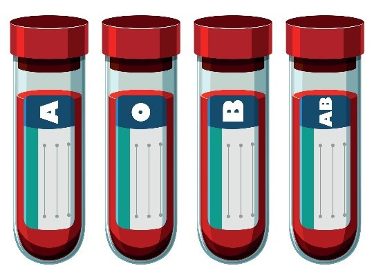An illustration of four vials of blood with the blood type written on the outside.