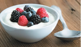 A bowl of yogurt topped with assorted berries. 