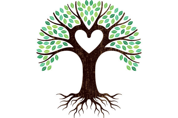 ต้นไม้ที่มีใบสีเขียวแข็งแรงอยู่ใกล้กันและแตกราก มีรูปหัวใจอยู่กลางกิ่งก้าน แนวคิดมีความเชื่อมโยงและหยั่งรากลึก