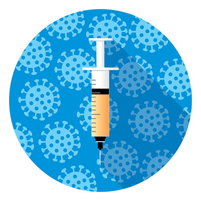 illustration of a syringe on a blue circle with stylized coronavirus molecules as the background