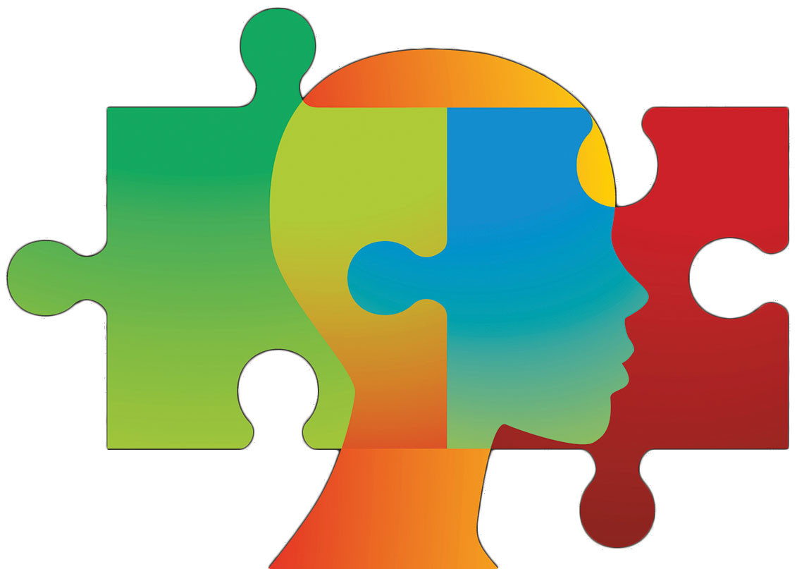 illustration of a head in profile with two puzzle pieces superimposed on it, in a variety of colors ranging from green to orange, blue to red