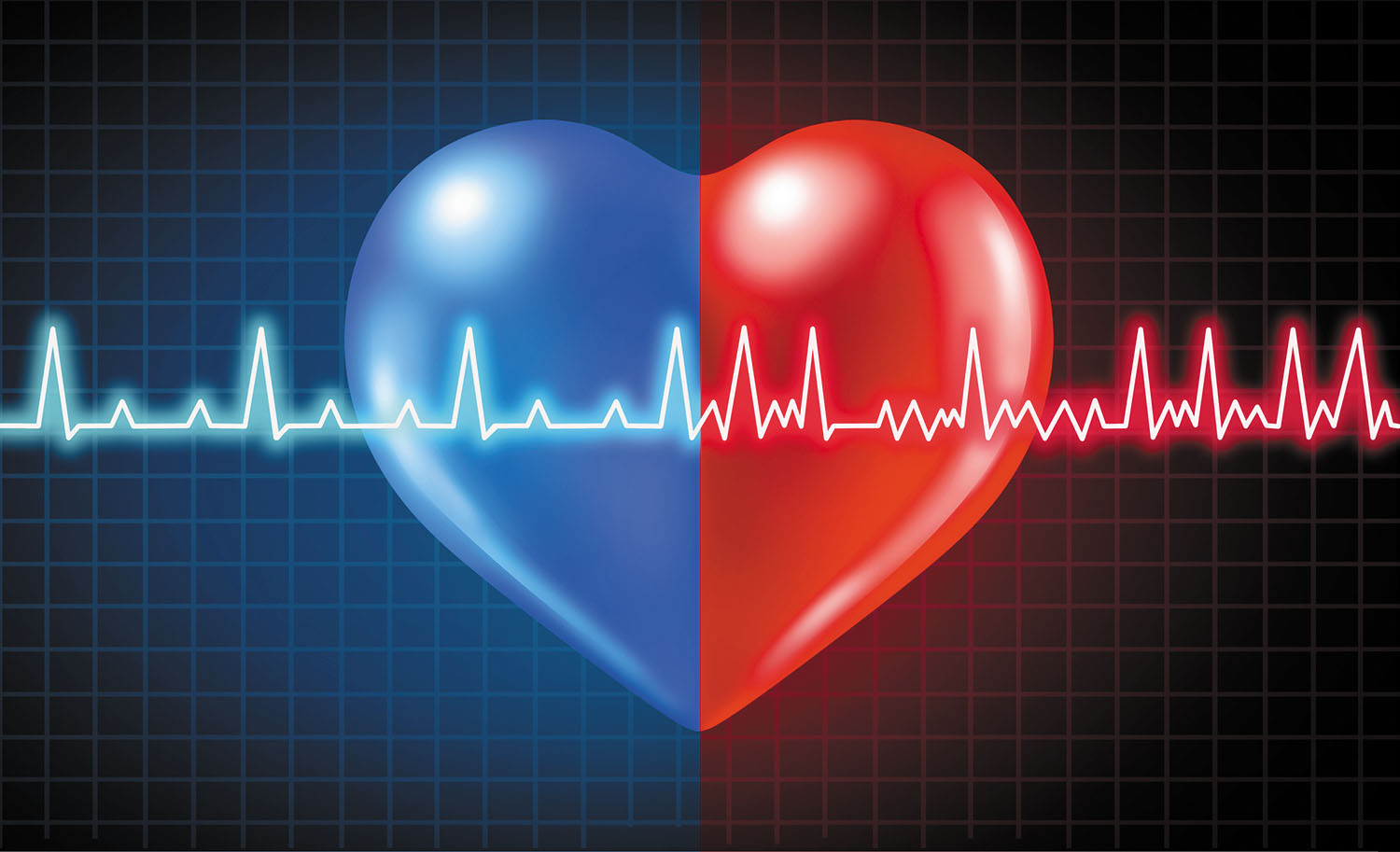 illustration of a three-dimensional heart shape divided into two halves: left half is blue and has a regular heart rhythm pattern superimposed over it; right half is red and has an irregular heart rhythm pattern over it; all against a black background