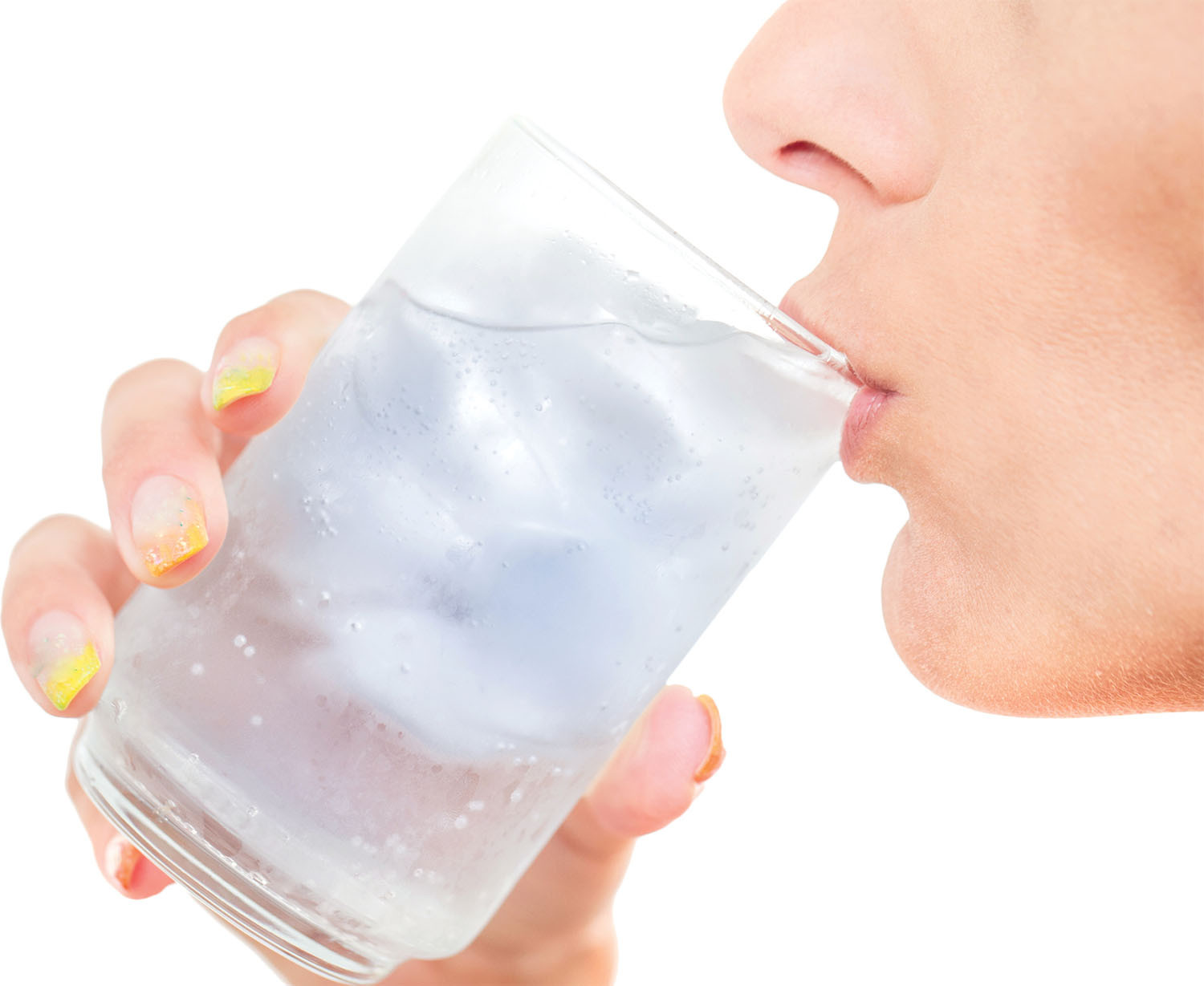 close-up photo of a woman drinking ice water from a glass