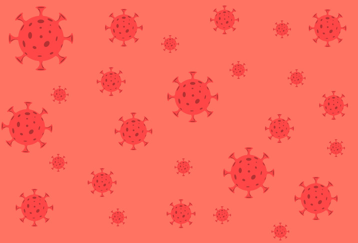 Un motif de cellules de coronovirus plus petites et plus grandes en rouge clair sur un fond rose orangé 