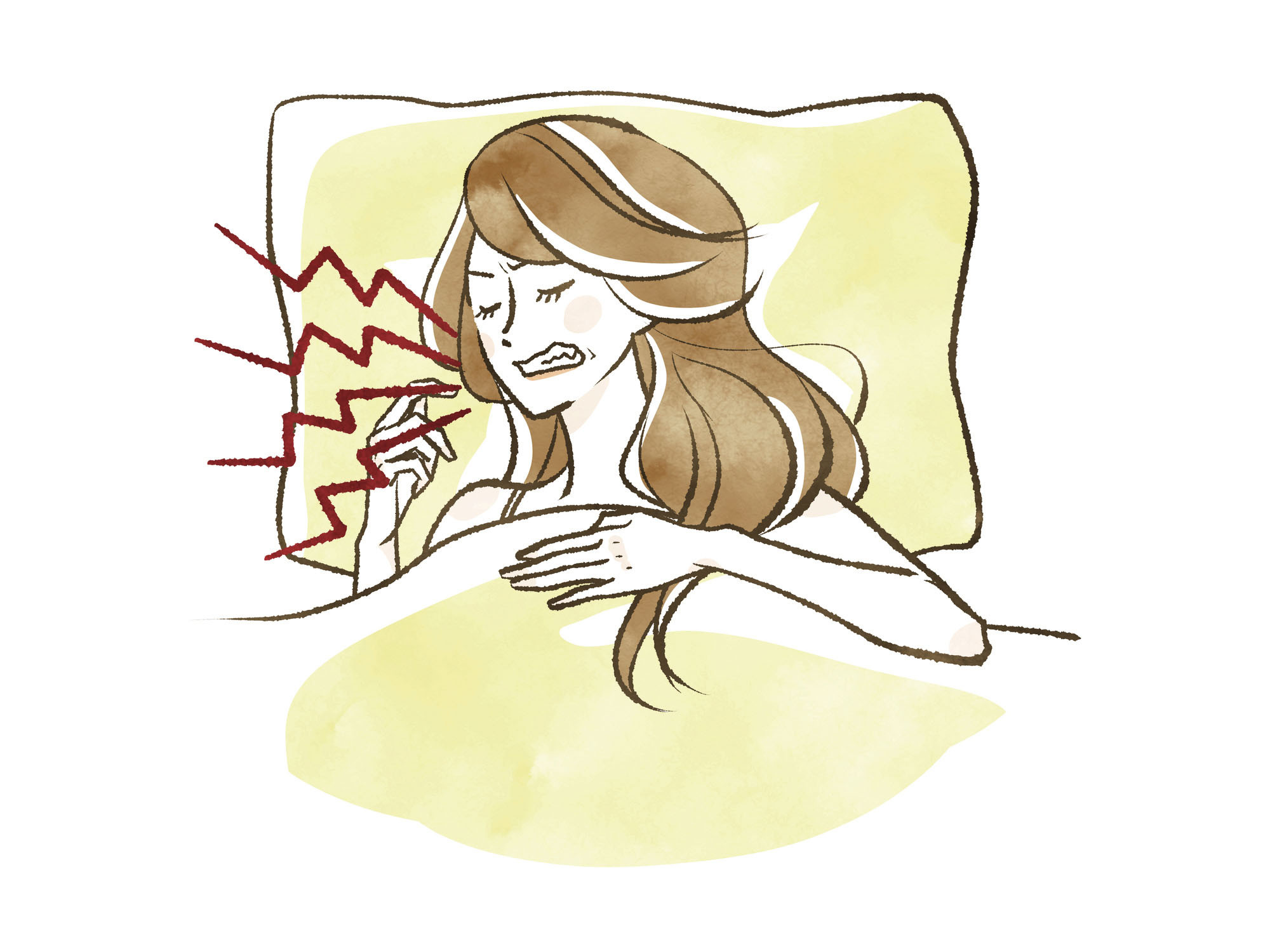 illustration of a woman in bed with lines radiating from her neck symbolizing pain