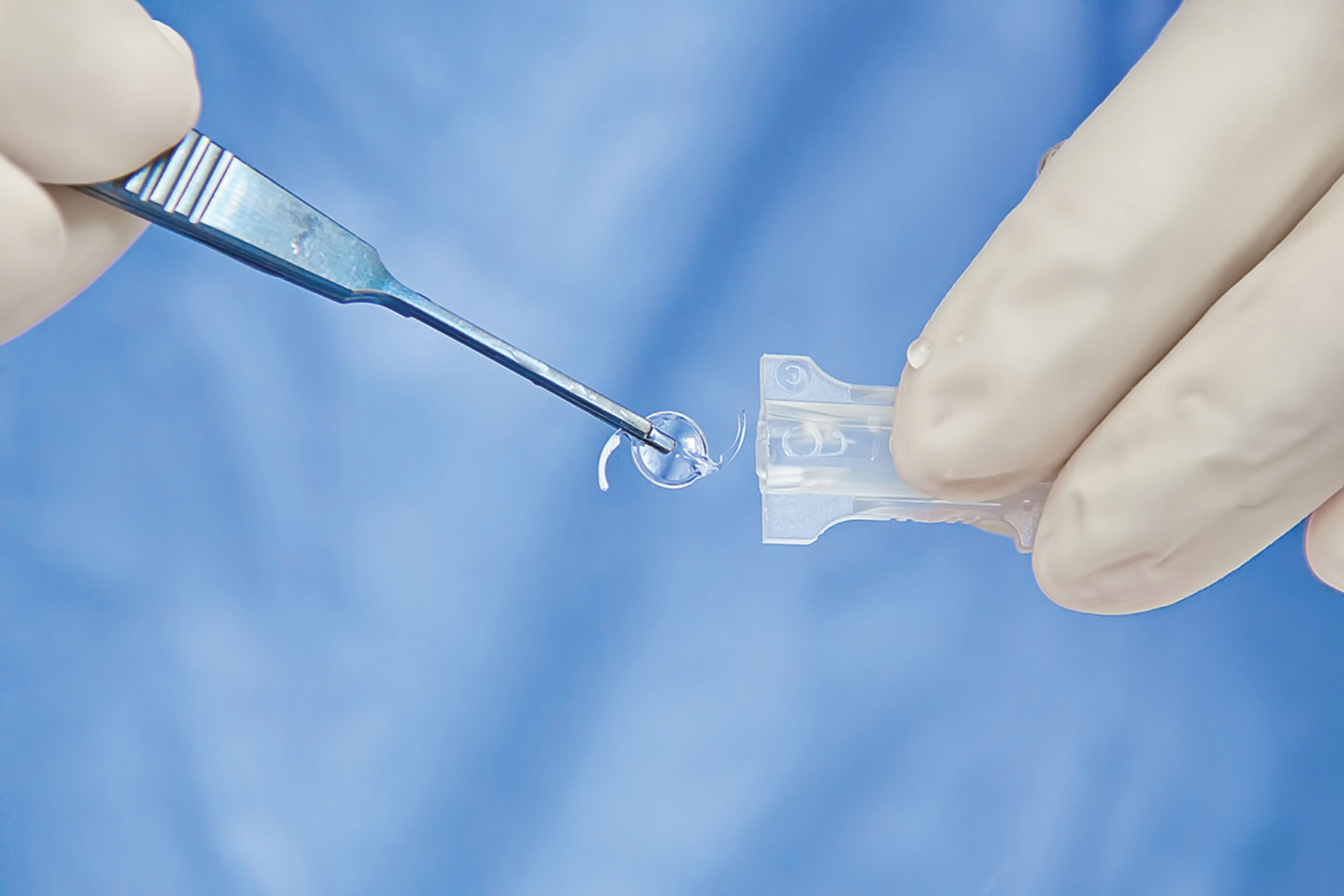close-up photo of hands holding a vial and using a small tool to remove an artificial lens from it