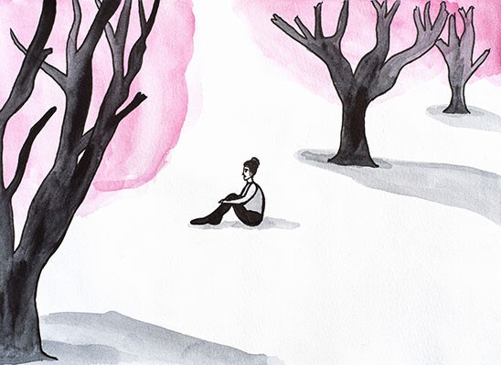 watercolor illustration of a woman sitting alone in a forest clearing among bare trees