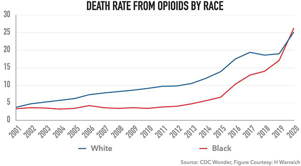 chart showing death rates from opioids from 2001 to 2020, with a blue line for whites and a red line for blacks