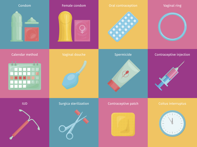 Carrés colorés avec des images de différentes formes de contrôle des naissances, telles que les pilules contraceptives, le stérilet et les préservatifs