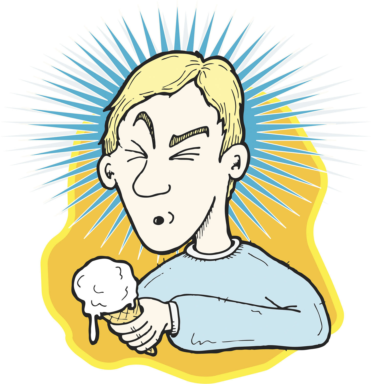 illustration de dessin animé d'un homme tenant un cornet de crème glacée et plissant les yeux alors qu'il éprouve un mal de tête de crème glacée
