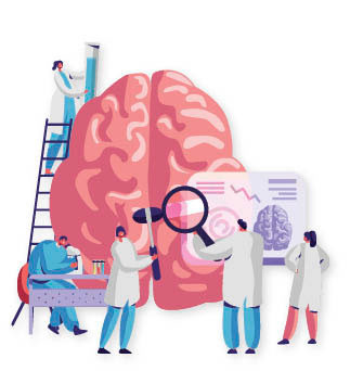 illustration of a group of scientists examining an oversized brain