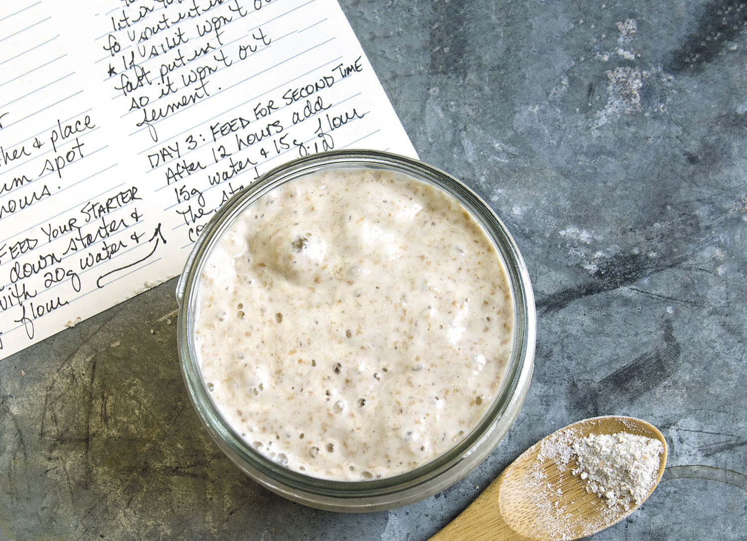 overhead view photo of a bowl of sourdough starter on a counter with a recipe written on an index card next to it