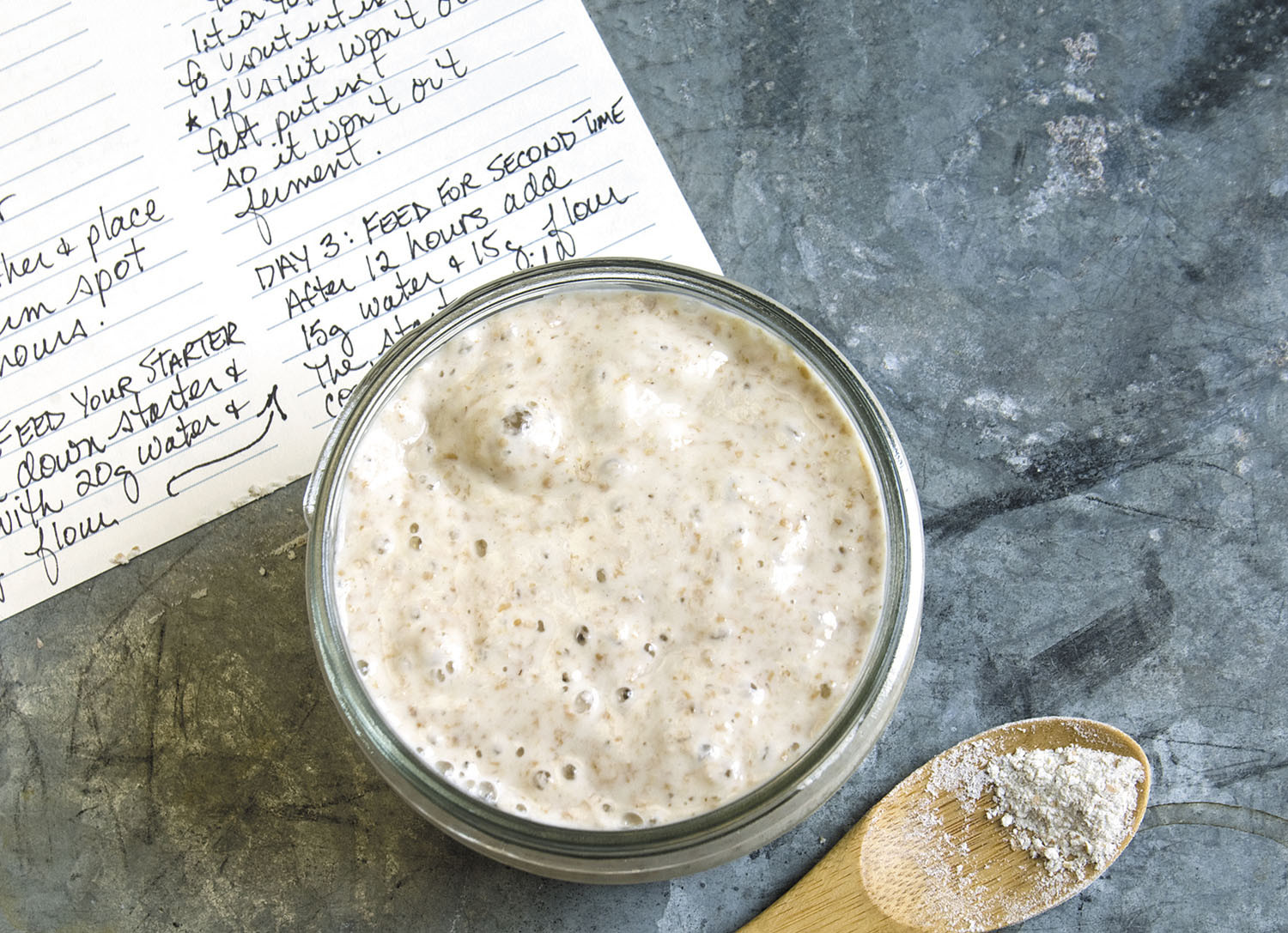 vue aérienne photo d'un bol de levain sur un comptoir avec une recette écrite sur une fiche à côté