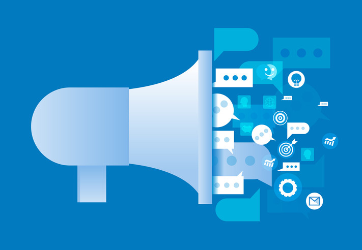 Big blue and white megaphone with social media icons spreading information 