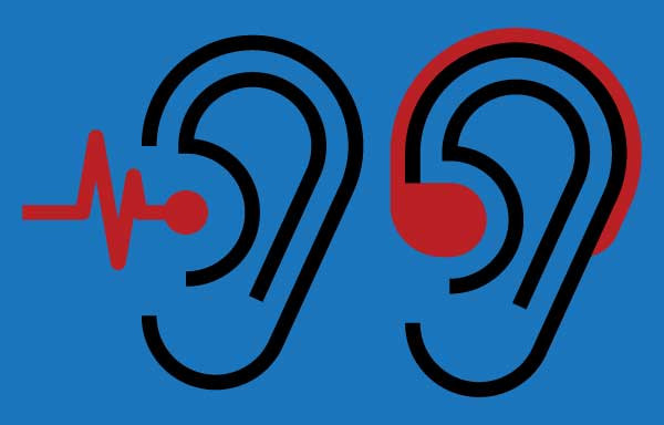 Two stylishly drawn outer ears in black with a red sound wave entering one ear and a red hearing aid in the second ear; background is blue