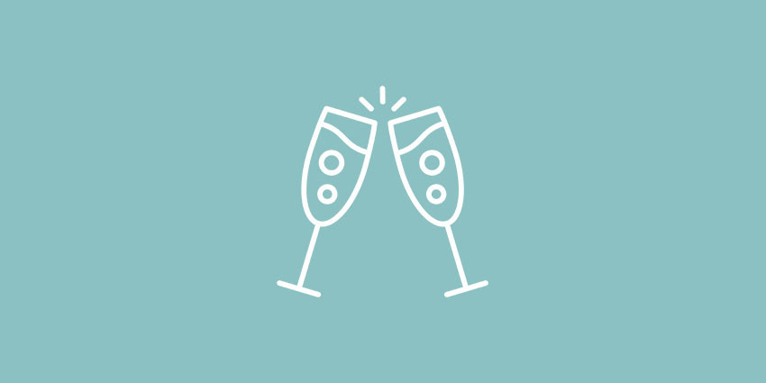 simple graphic of two champagne glasses clinking together; white line drawing on a blue background