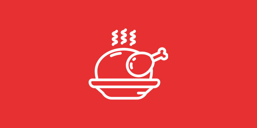 simple graphic of a cooked turkey on a platter; white line drawing on a red background