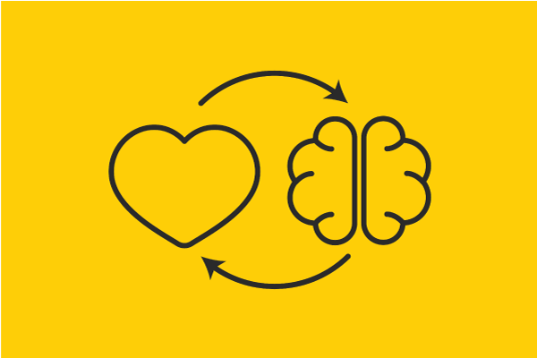 Graphic depicting a heart and brain side by side, with an arrow pointing from the heart to the brain, and another arrow pointing from the brain to the heart, indicating a cycle between the two