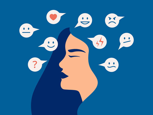 Graphic of a woman with her eyes closed in thought, around her are various thought bubbles containing symbols indicating emotions including happiness, confusion, and anger