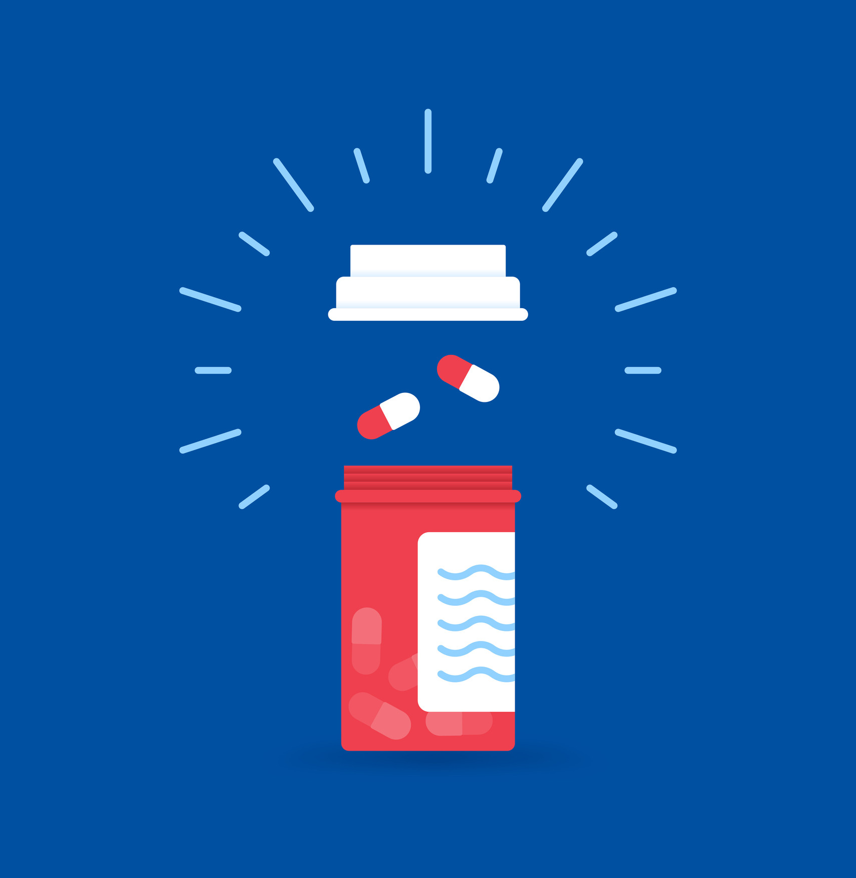 Graphic of a medicine bottle with top off showing two pills and halo