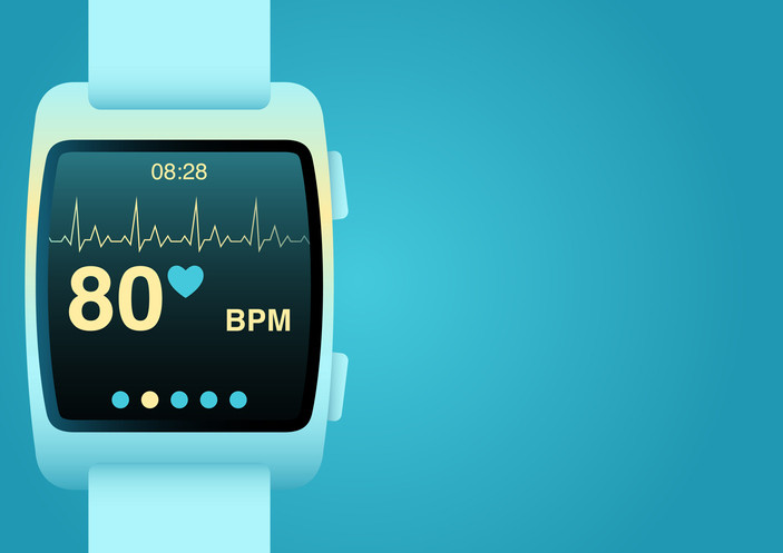 Illustration of smartwatch monitoring heart rate and electrocardiagram (ECG)