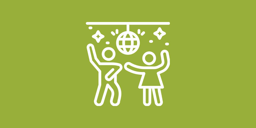 simple graphic of two people dancing under a mirror ball; white line drawing on a green background