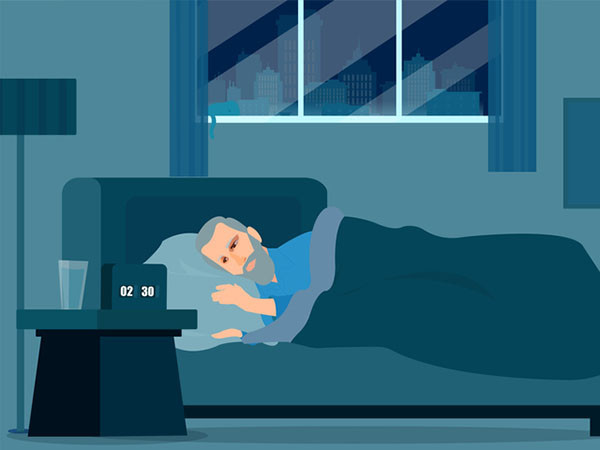 illustration of an older man with insomnia in bed looking at clock trouble sleeping 