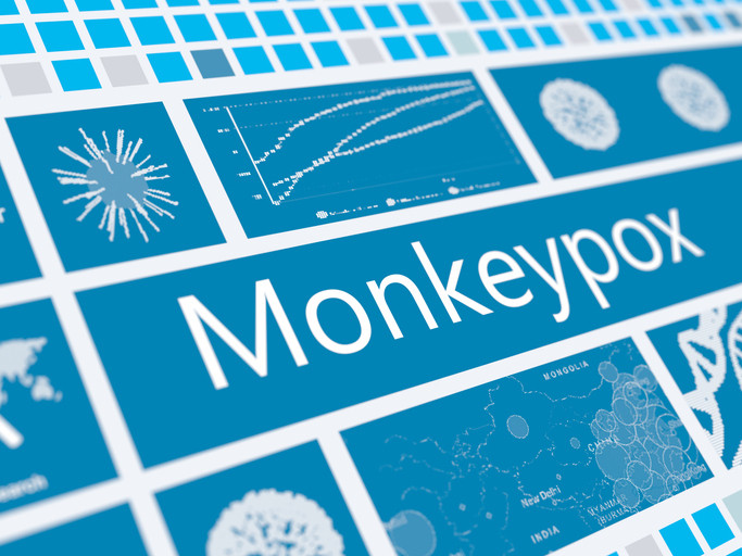 Blue background with the word "Monkeypox" and charted digitized graphics showing cells, countries on a world map, DNA strands, and graphs