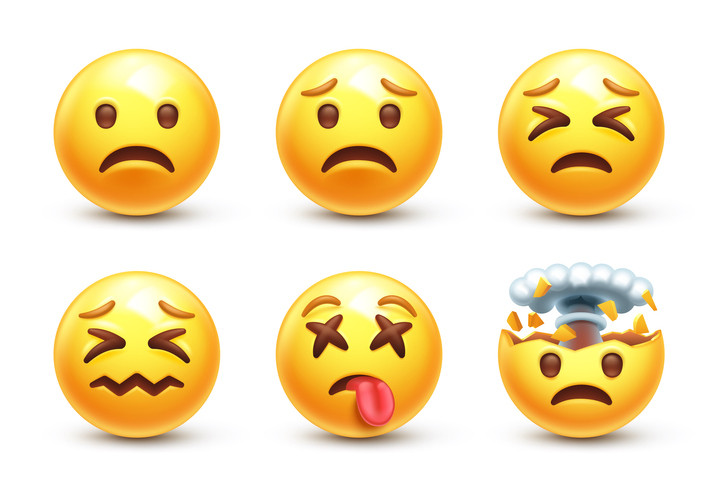 A collection of emoji faces expressing different emotions: sadness, shock, confusion, and worry