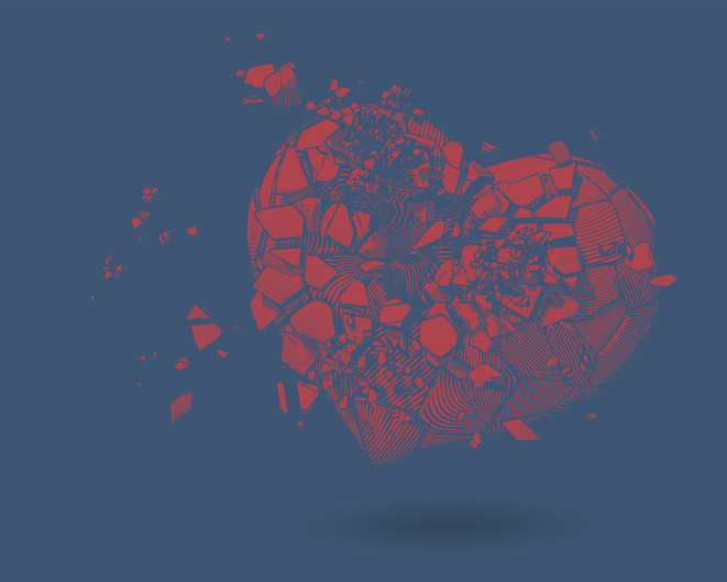 An abstract red heart breaking into many pieces against a dark blue background;  concept is miscarriage during a pregnancy