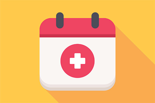 Graphic of page-a-day calendar with a red cross icon and bright yellow background; concept is healthcare appointment