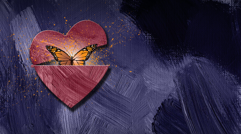 illustration of a colorful butterfly emerging from an injured heart, representing a transformation