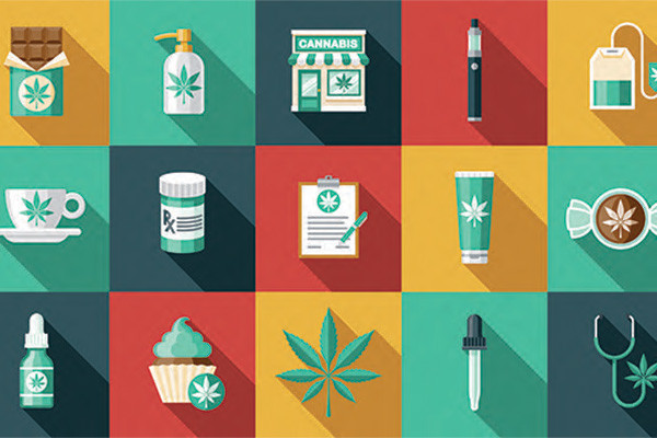 Multicolored graphic squares with icons for canabis products like edibles, topicals, tincture, tea, and prescription bottle
