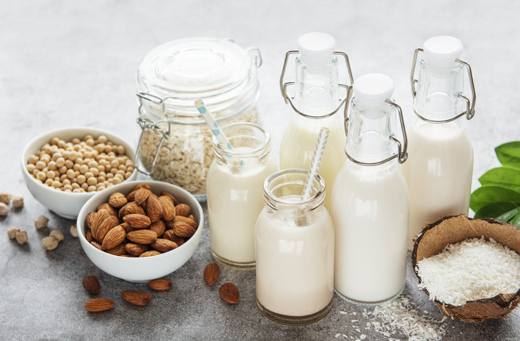 A variety of plant-based milks in bottles against a gray background. Nuts, seeds, oats, coconut flakes in the shell, and green leaves also are shown.