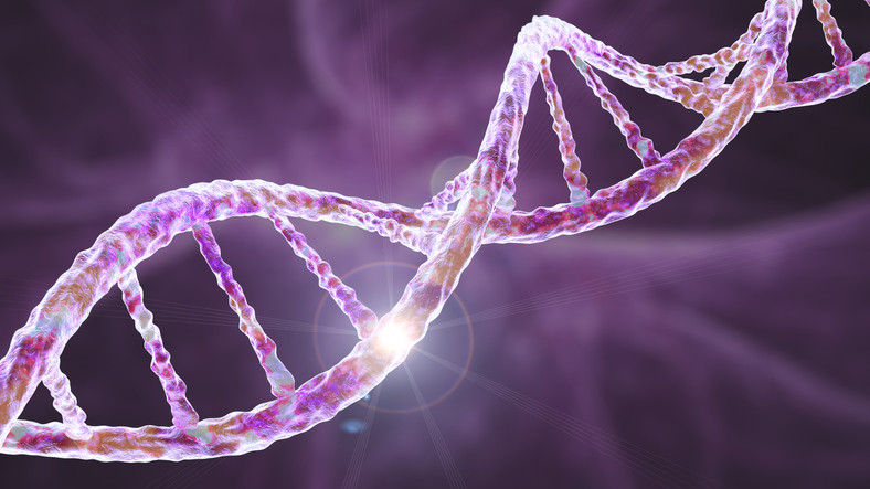 A colorful, twisting strand of DNA with a spotlight on a mutated gene against a hazy purple background 
