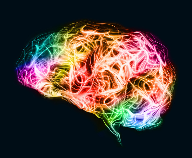A brain shape against a dark background, filled with vibrant, multicolored strands of light representing brain waves