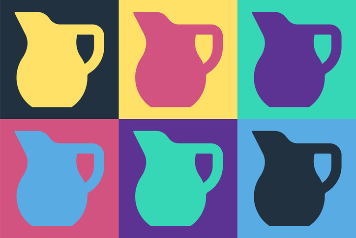 6 colorful or black panels with a brightly colored or black jug on each