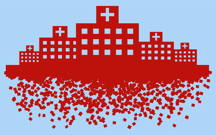 Graphic of health care buildings, foundation crumbling