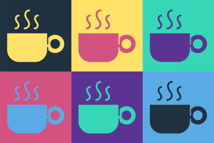Six stylized coffee or tea cups in bright colors with steam rising against colorful background squares