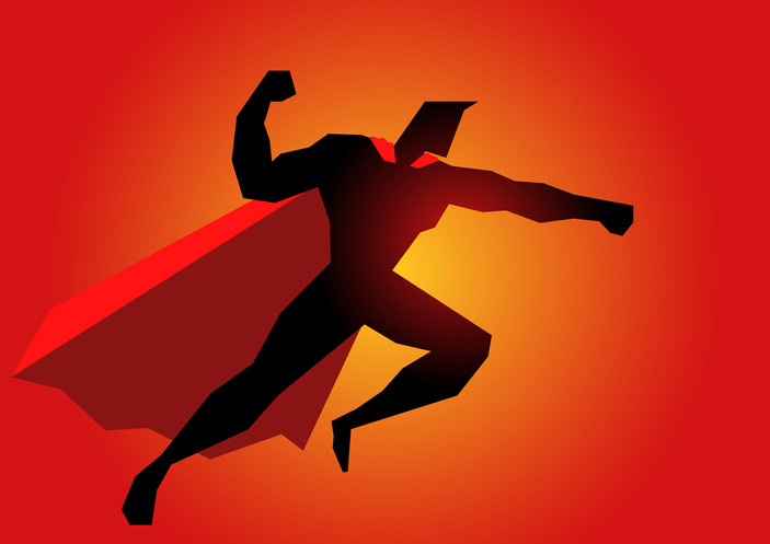 A shadowy, heavily-muscled superhero in a red cape strikes an action pose against a red and orange background; concept is body dysmorphic disorder