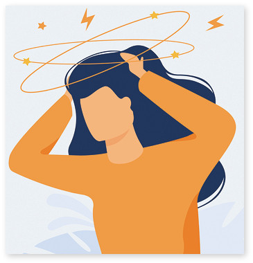 illustration of a woman experiencing vertigo; she is holding her hands to the sides of her head, and there are lines above her head representing dizziness