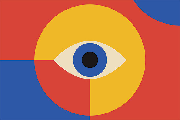 Conception de formes géométriques en rouge, bleu, jaune et beige avec un œil bleu au centre