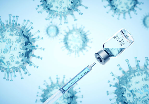 digitally generated image of a syringe filling of COVID-19 vaccine from bottle as they float in the air, with virus molecules in the background