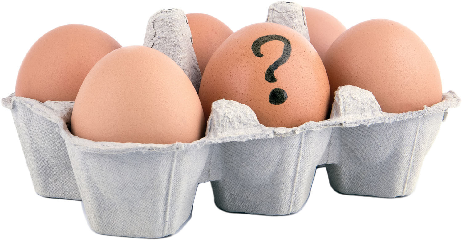 photo of a carton of six eggs with the lid removed and a question mark drawn on the center egg