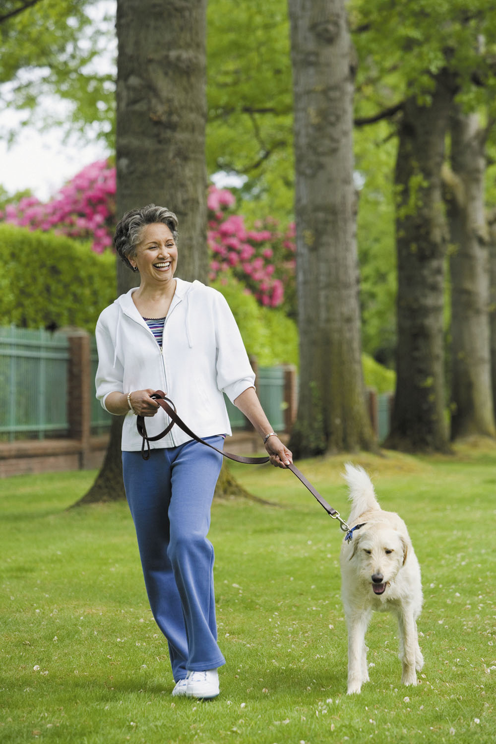 photo of a smiling woman walking a dog on a leash