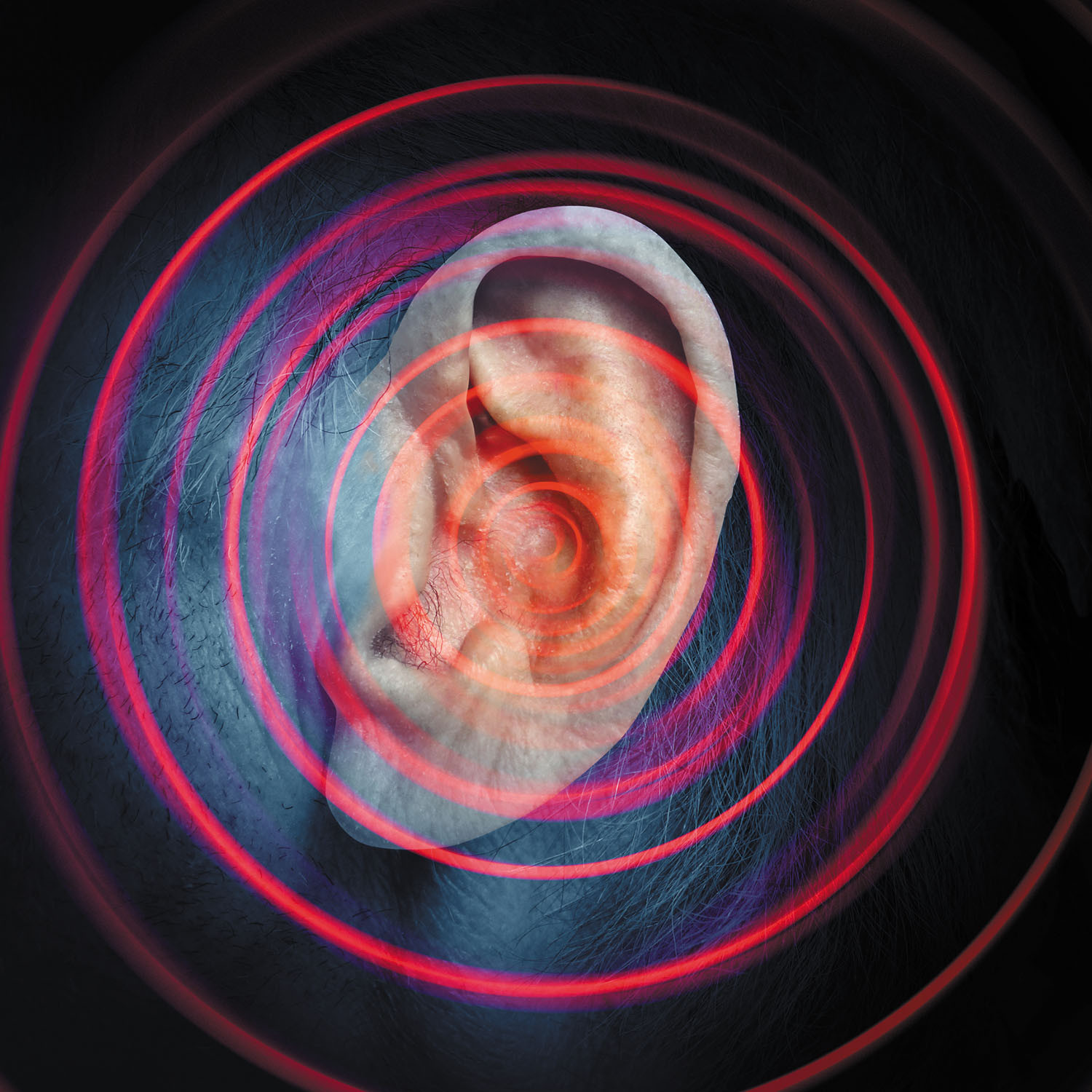 photo illustration showing a close-up of a human ear with concentric red circles representing sound waves