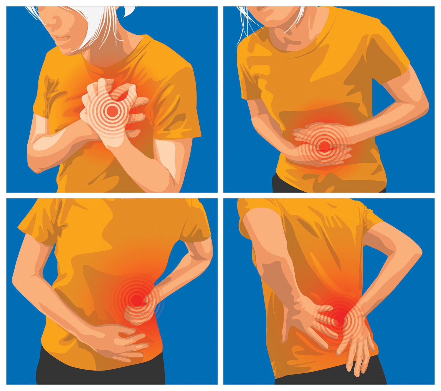 illustration with four squares showing pain in different areas of the body: chest, abdomen, back, side