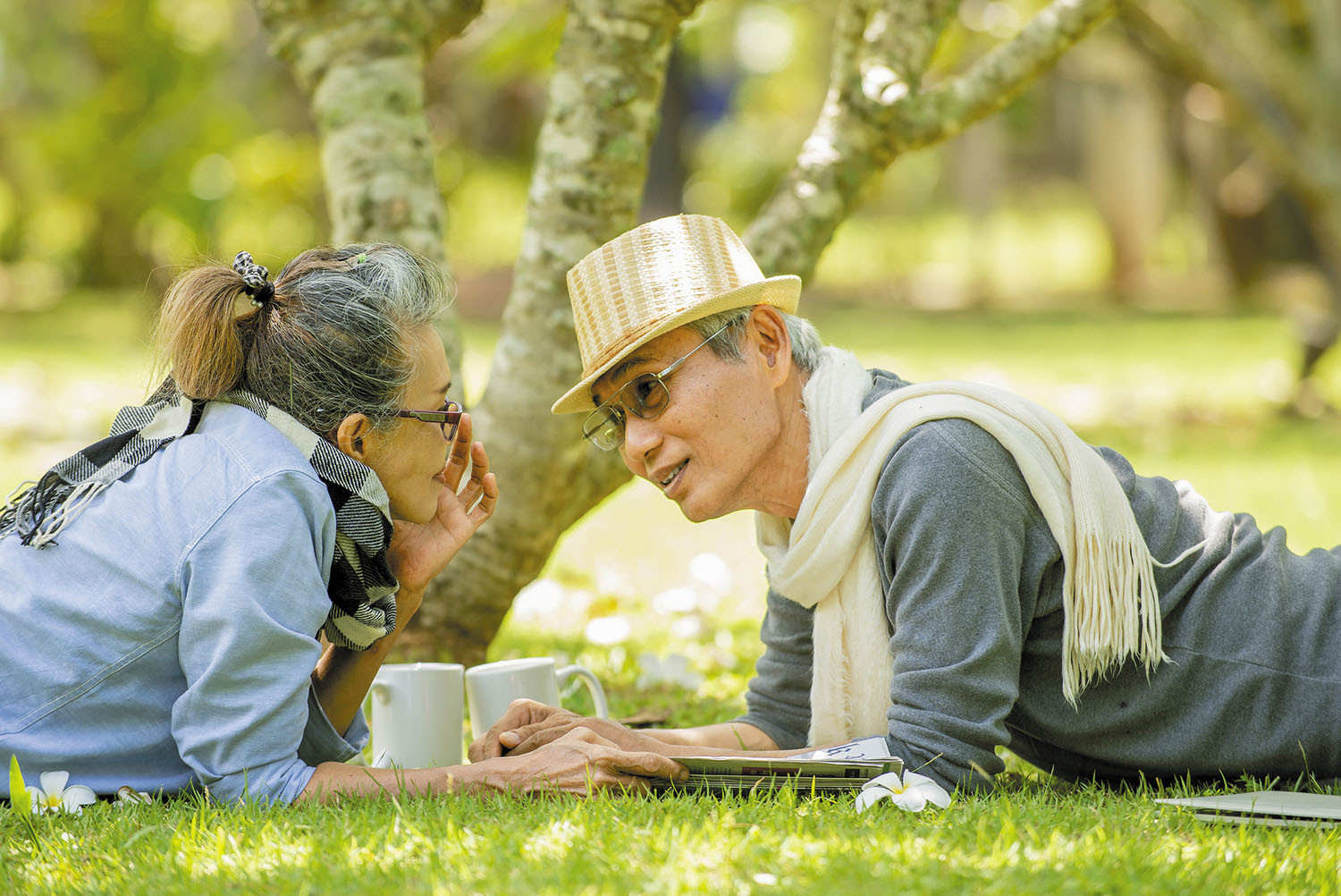photo of a mature couple enjoying a picnic outdoors, laying on the ground facing each other and holding hands